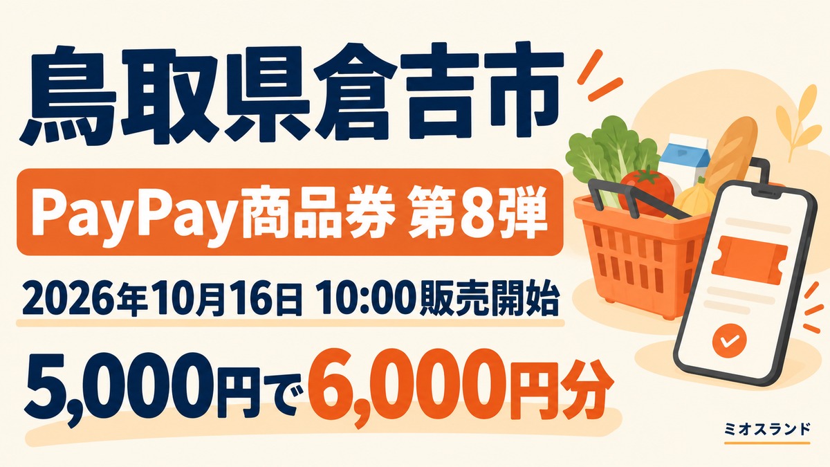 鳥取県倉吉市のPayPay商品券第8弾、2026年10月16日10時販売開始、5,000円で6,000円分を伝える買い物のイラスト