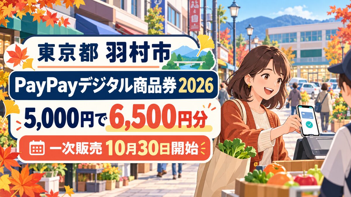 東京都羽村市のPayPayデジタル商品券2026、5,000円で6,500円分、一次販売10月30日開始を伝える買い物のイメージイラスト