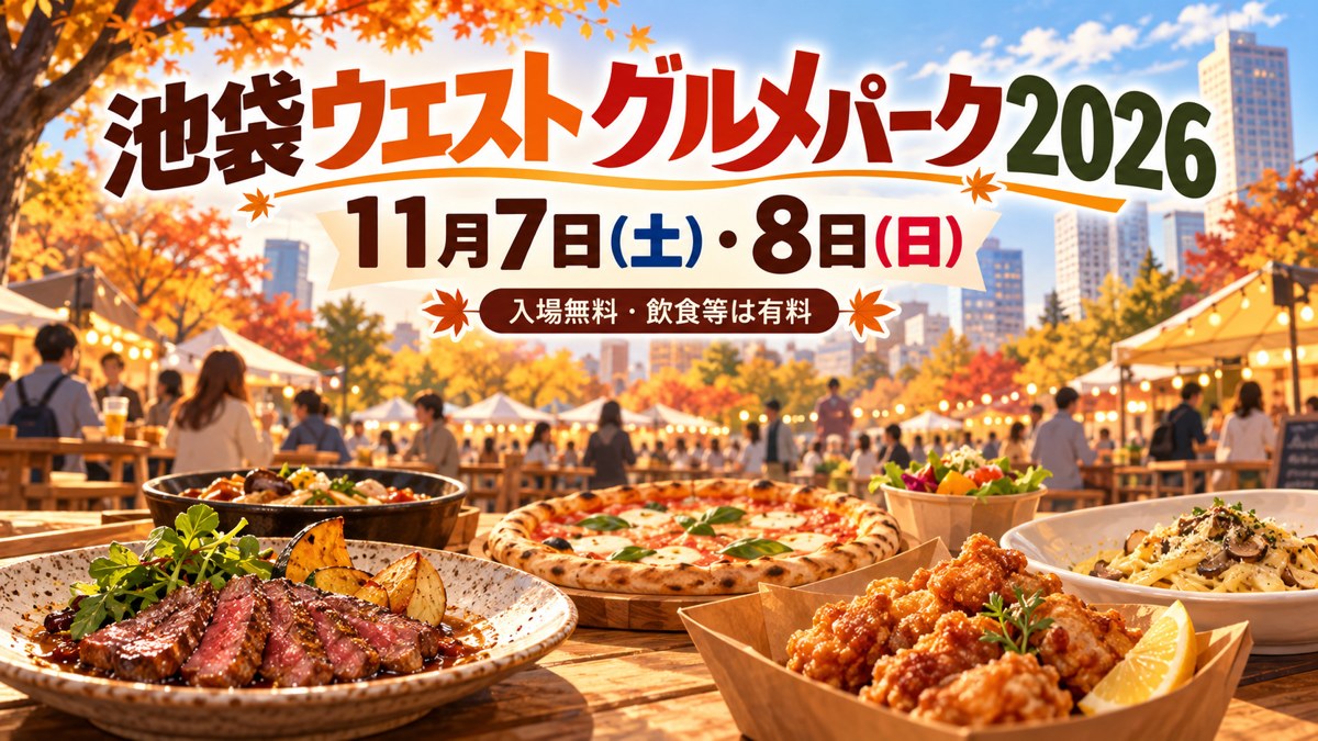 池袋ウエストグルメパーク2026の11月7・8日開催を伝える、料理と秋の公園の創作イラスト。実際の会場写真ではありません。